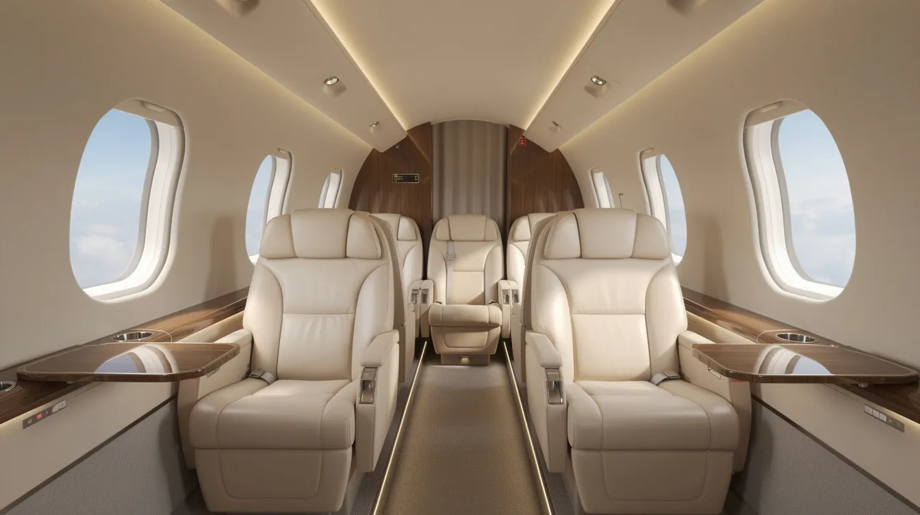 The image depicts the luxurious interior of a private jet cabin featuring wide, plush seats and large oval windows that allow ample natural light. This elegant space is designed for comfort and sophistication, ideal for passengers seeking a high-end travel experience in an ultra long range aircraft like the Gulfstream G650.