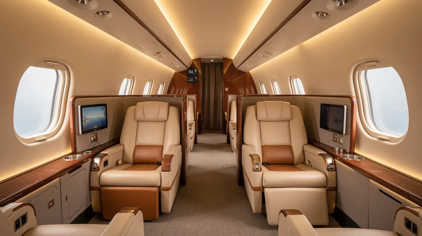 The image showcases the opulent interior of an Atlas Air 747 private jet cabin, featuring plush leather seats arranged to ensure maximum privacy for passengers. Soft ambient lighting creates a warm atmosphere, ideal for customized corporate travel, allowing travelers to relax or work comfortably during their flight.