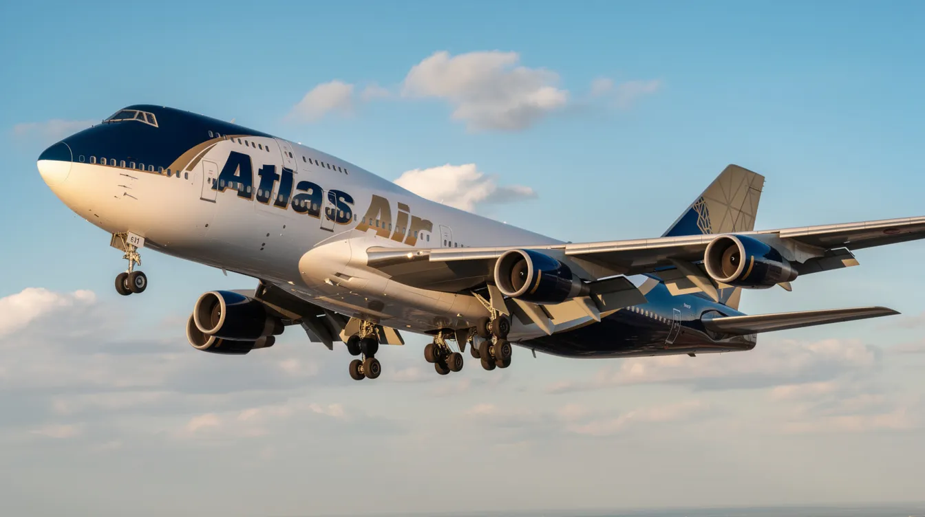 The image features an Atlas Air Boeing 747, showcasing its impressive size and sleek design. This aircraft is known for its cargo capabilities and is operated by the world's largest operator, providing various class seat configurations, including premium economy and first class for comfortable travel.