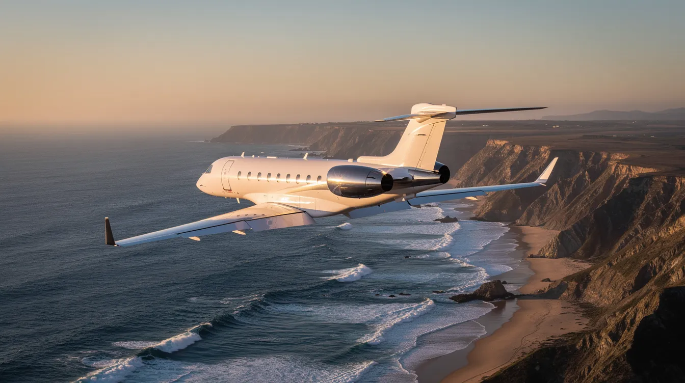 A modern private jet is seen climbing above a beautiful coastline under a clear blue sky, showcasing its sleek design and powerful engines. This light aircraft demonstrates the importance of weight calculations for safe takeoff, as it ascends gracefully with its maximum takeoff weight carefully managed.