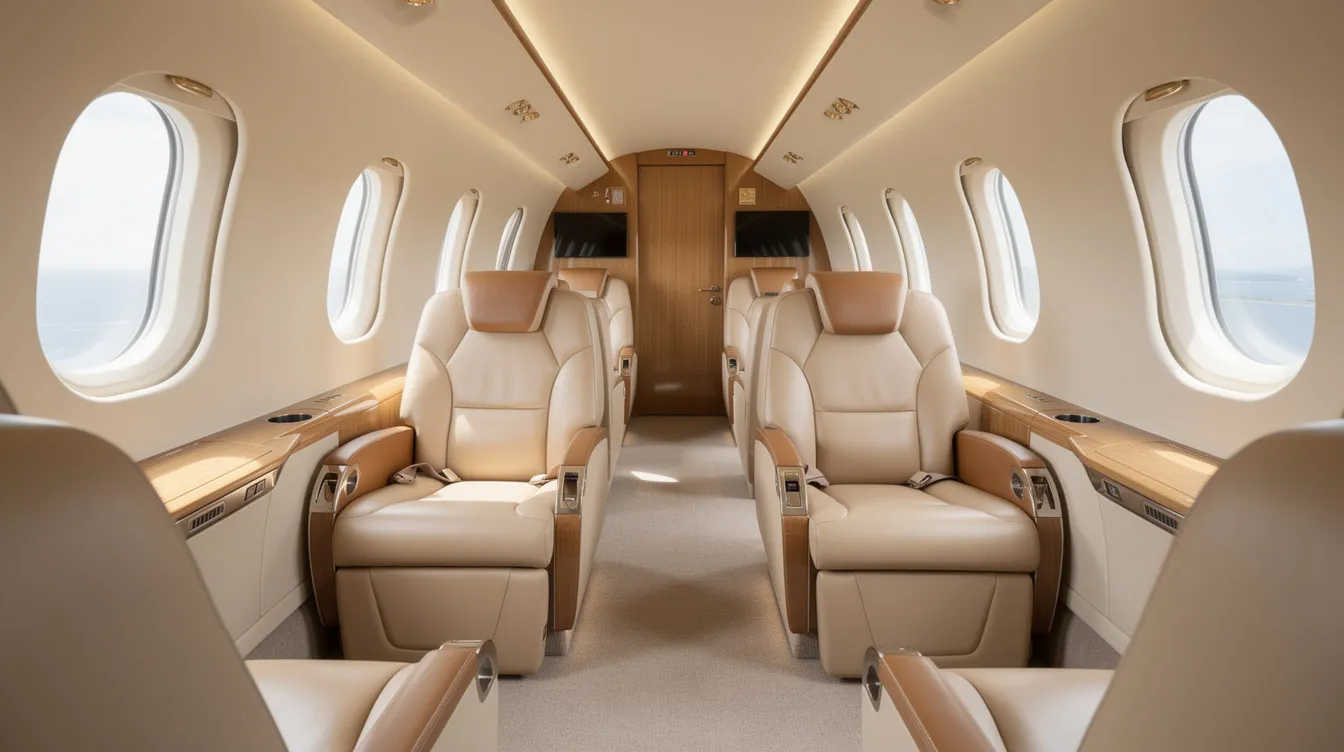 The image depicts an elegant private jet cabin featuring plush leather seats bathed in soft natural light, creating a luxurious atmosphere. This cabin design is typical of light aircraft, emphasizing comfort for passengers during medium haul flights.