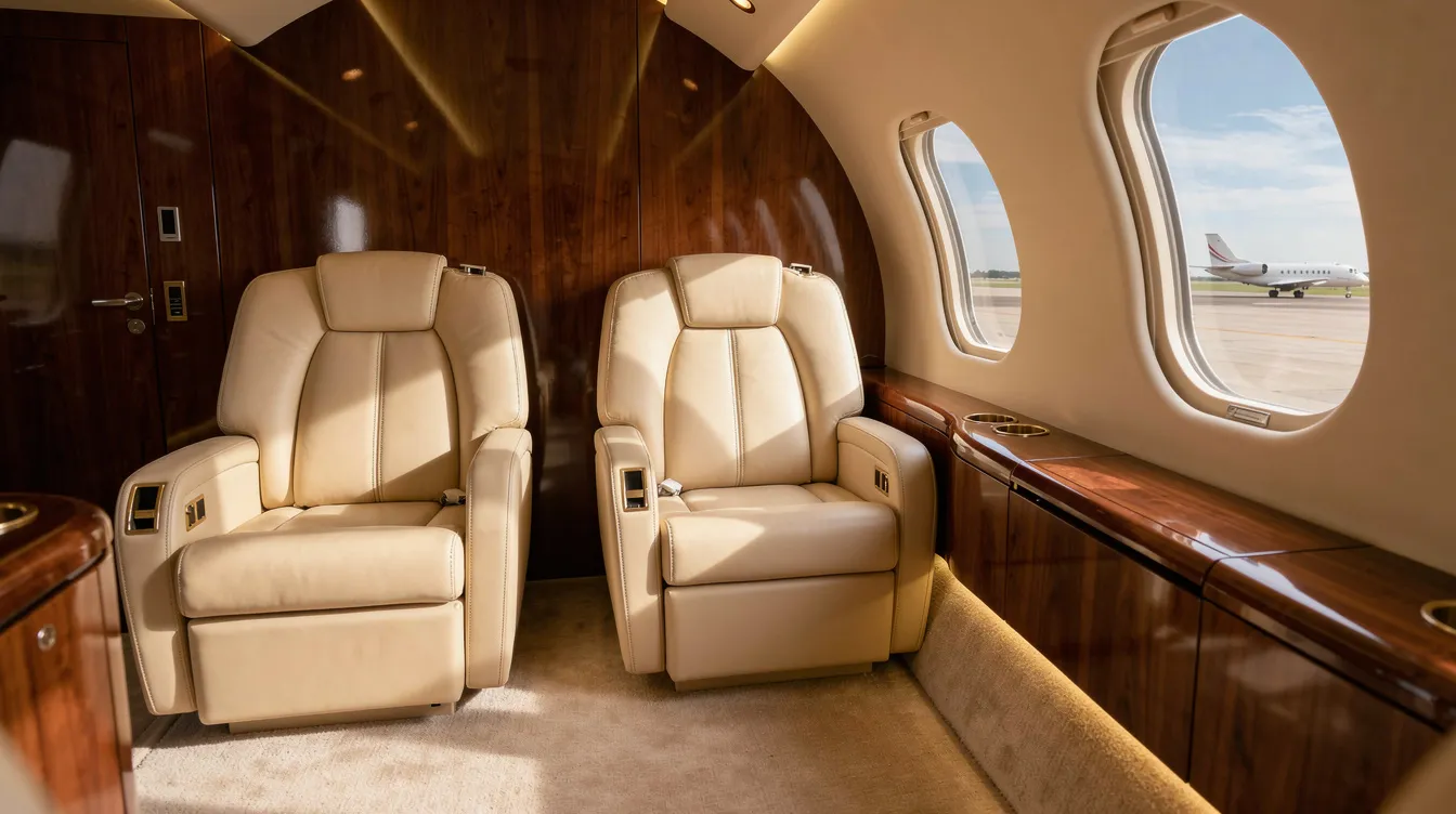 The image depicts a luxurious private jet cabin featuring plush leather seats, providing a serene atmosphere with a quiet runway visible outside. This setting exemplifies the ultimate business class experience, offering ample personal space and comfort for discerning travelers.