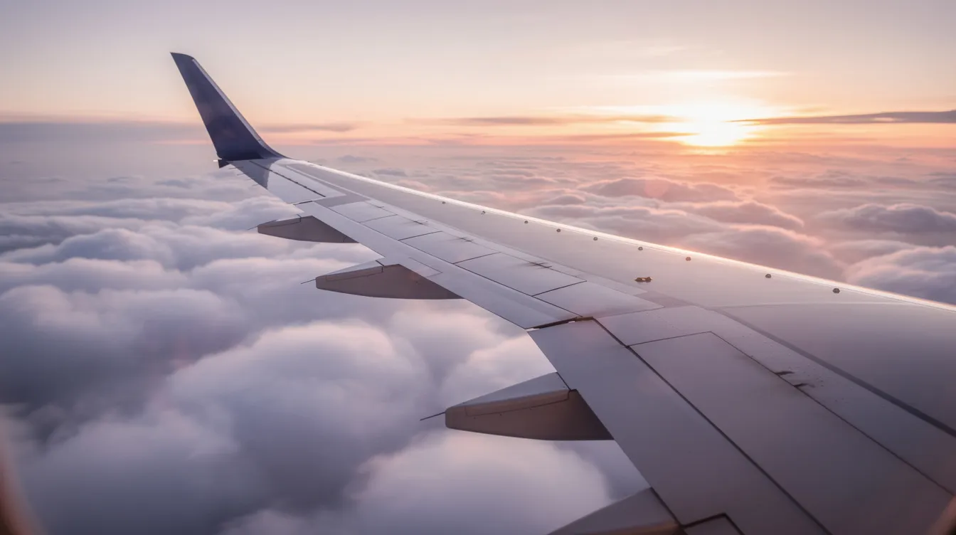 The image showcases a modern aircraft wing soaring above fluffy clouds, bathed in soft evening light, evoking a sense of tranquility often associated with the premium business class experience offered by top airlines like Singapore Airlines and Qatar Airways. The wing's sleek design hints at the luxurious journey that awaits business class passengers, complete with spacious seating and attentive service.
