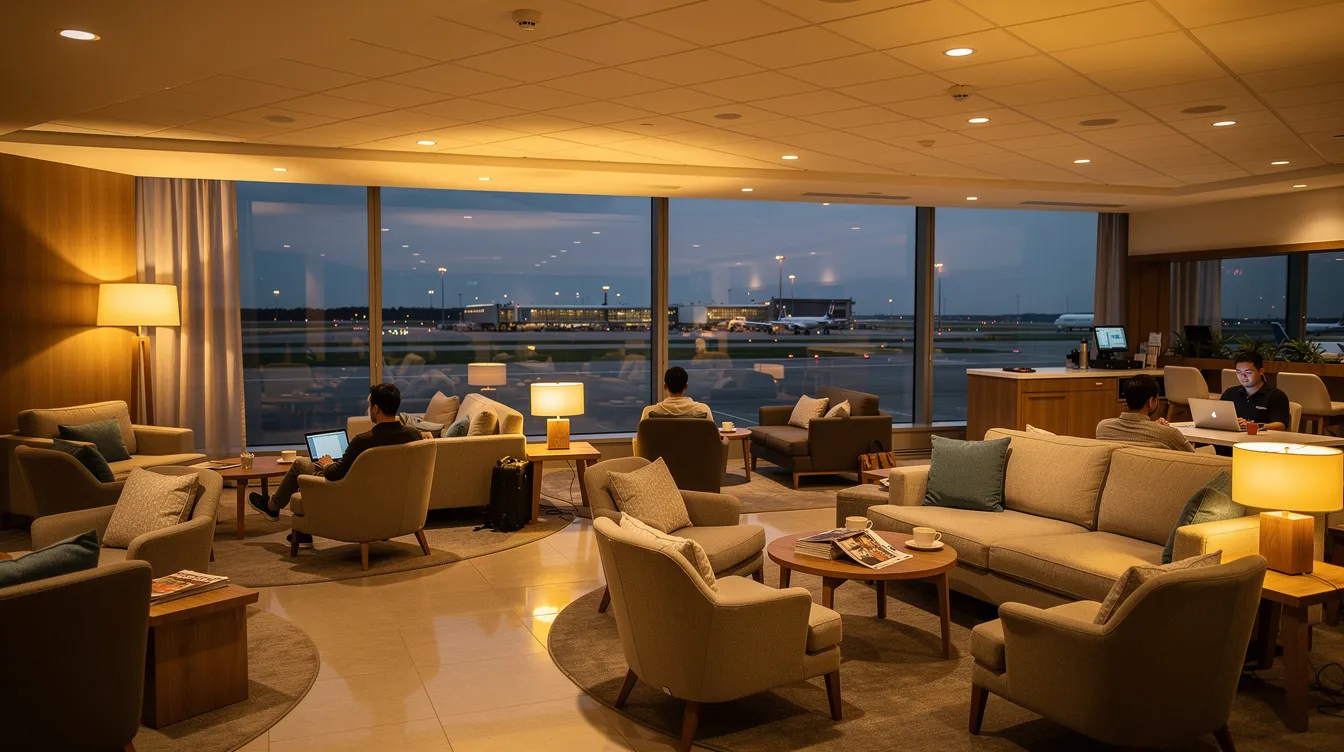 The image depicts a quiet airport lounge featuring comfortable business class seating arranged in cozy clusters under warm lighting, creating an inviting atmosphere for travelers seeking relaxation before their flights. This lounge exemplifies the premium business class experience, offering a tranquil space that enhances the overall journey for those flying long haul.