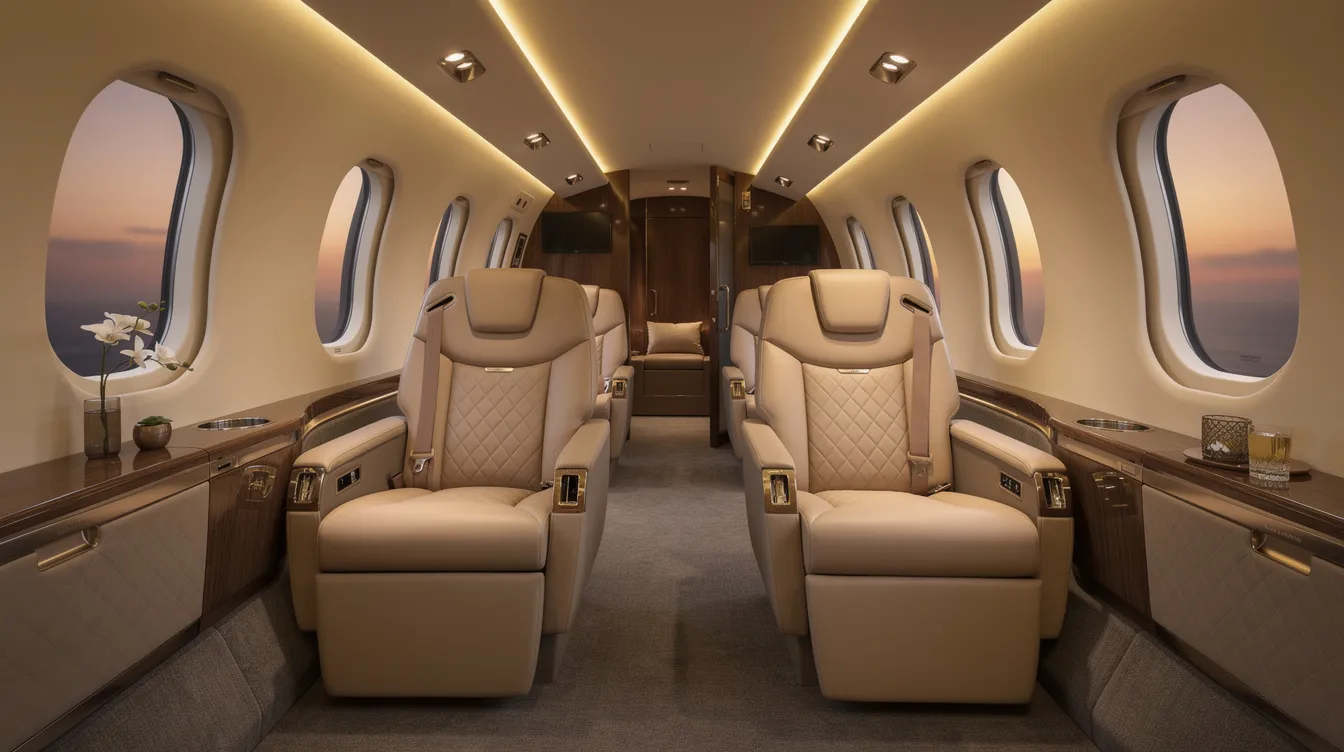 The image depicts a luxurious business class cabin featuring wide, plush seats and soft ambient lighting, creating a serene atmosphere for travelers. This setting exemplifies the best business class experience, offering ample personal space and comfort for long haul flights.