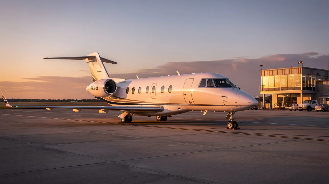 A private jet is parked near a quiet terminal, bathed in the warm hues of sunset, highlighting the luxurious experience of business class travel. The serene atmosphere suggests a perfect beginning to a long haul journey with premium amenities and personalized service awaiting inside.