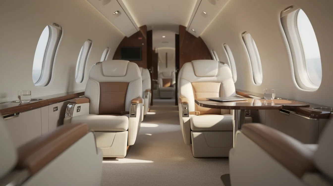 The image showcases an elegant private jet cabin featuring luxurious leather seats bathed in soft window light, designed for business class passengers seeking comfort and style during their journey. This refined space offers a serene atmosphere ideal for long haul flights, emphasizing exceptional service and direct aisle access for a premium travel experience.