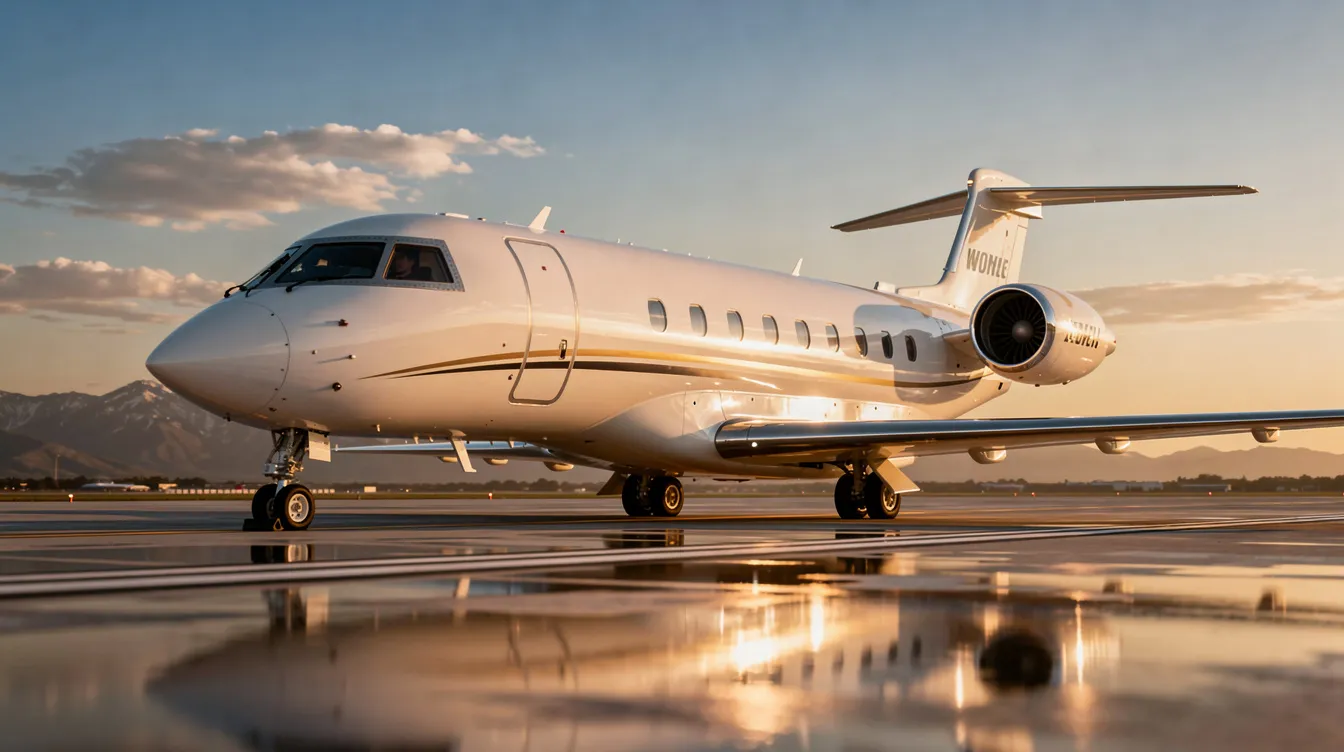 The image shows a sleek private jet interior designed for business class passengers, featuring spacious lie-flat seats and premium amenities for a comfortable journey. The cabin is elegantly furnished, providing an atmosphere of luxury and exceptional service for travelers on long haul flights.