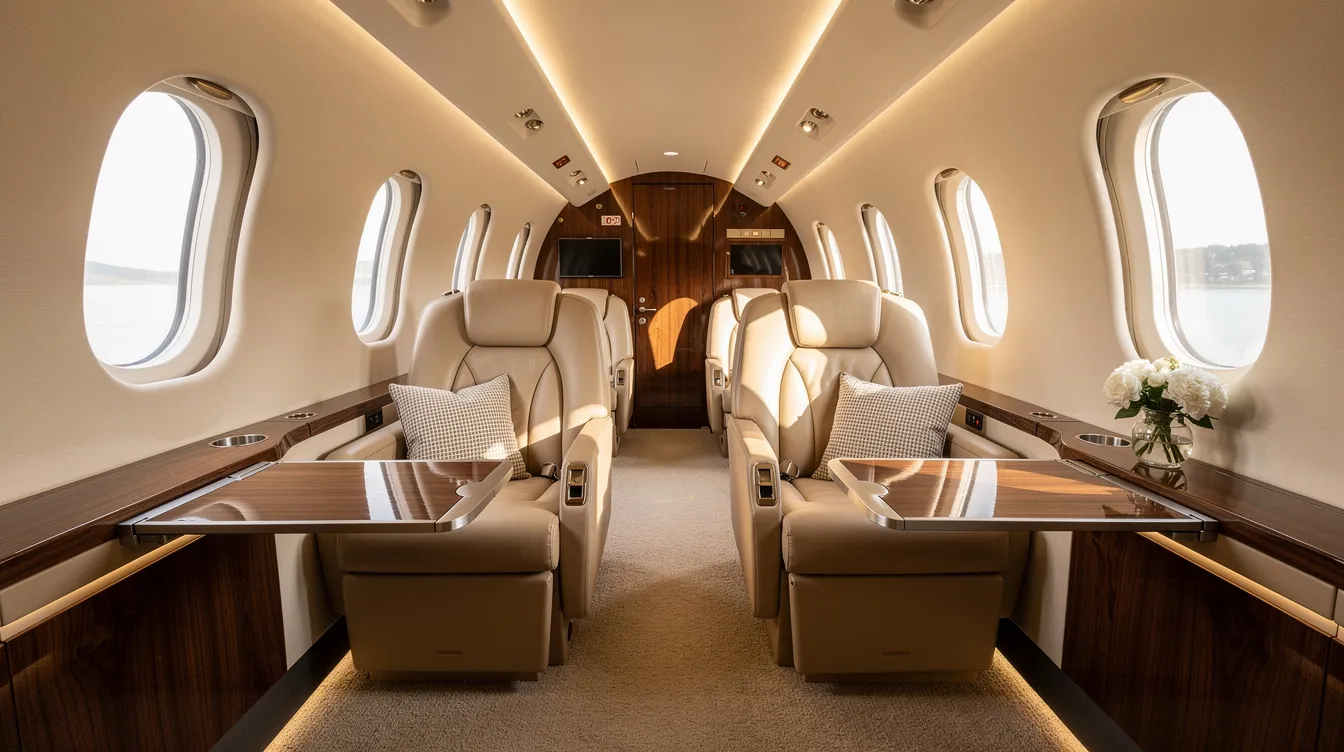 The image depicts an elegant private jet cabin featuring luxurious leather seating bathed in soft natural light, emphasizing the comfort and sophistication associated with Air New Zealand's business class experience. The cabin is designed for ultimate comfort, with amenities that cater to business premier passengers on long haul flights.