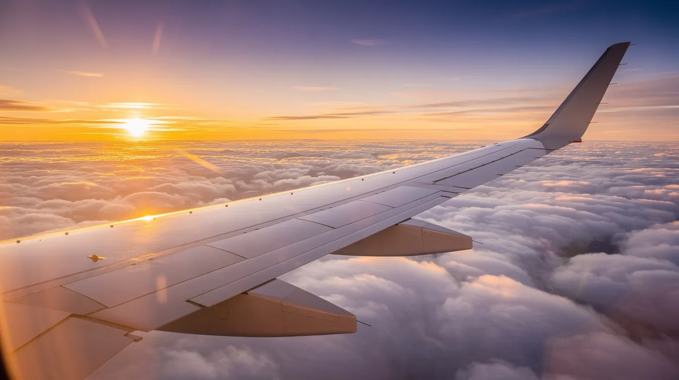 The image depicts the wing of a long-haul aircraft soaring above a blanket of clouds during a vibrant sunset, capturing the essence of travel with Air New Zealand’s business class experience. The warm hues of the sunset contrast beautifully with the sleek wing design, inviting viewers to imagine the comfort and luxury of the business premier cabin.