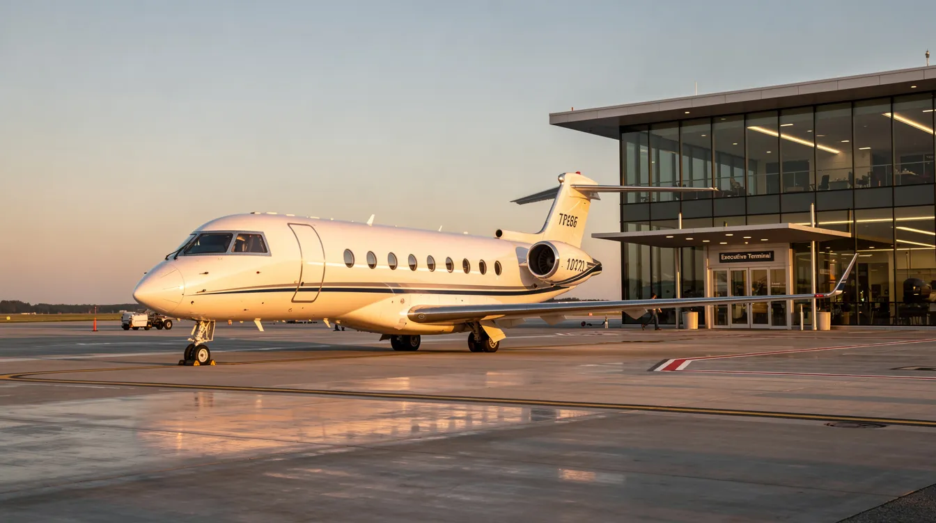 A sleek private jet is parked beside a quiet executive terminal, showcasing the luxury and convenience of private aviation. This scene highlights the essential role that private jet brokers play in providing personalized service and access to a range of aircraft options for travelers seeking efficient charter flights.