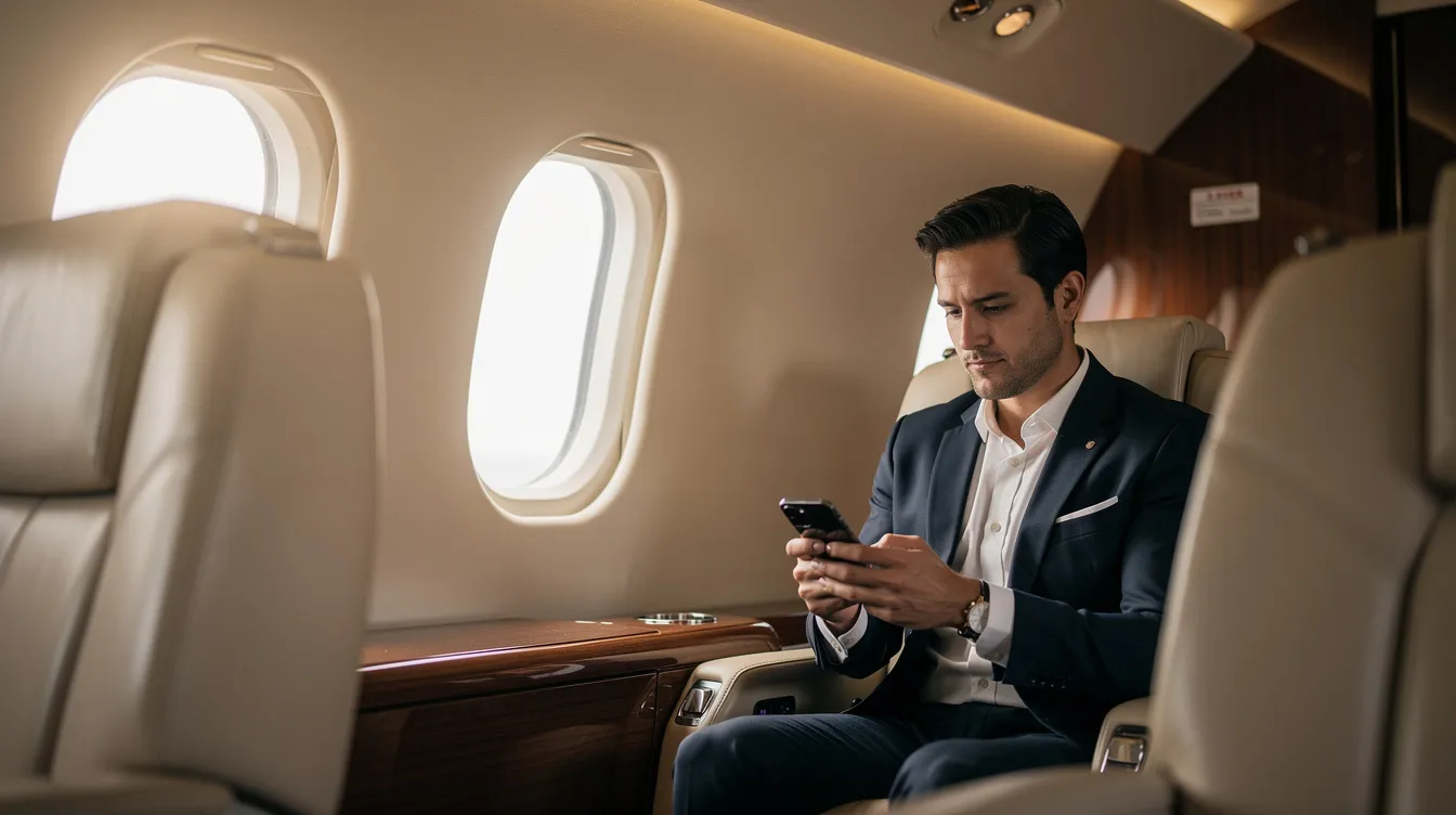 An executive is seated in a luxurious private jet cabin, intently using a mobile device to manage details of their flight. The environment reflects the high standards of private aviation, showcasing plush seating and elegant interiors typical of private jet travel.