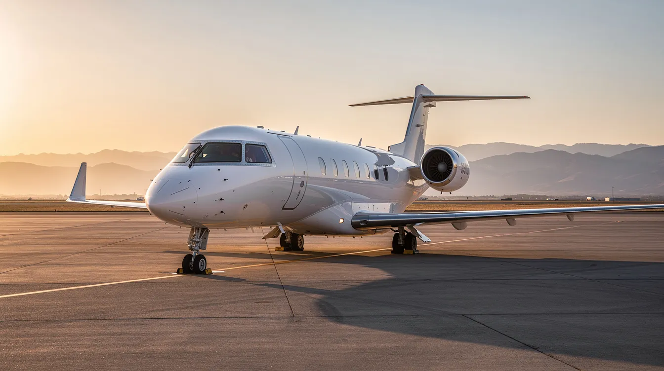 A sleek private jet is parked on the tarmac during golden hour, with a clear sky and distant mountains in the background, representing the luxury of air transportation and charter flights under federal aviation regulations. The scene captures the essence of operational control and safety in aviation, highlighting the beauty of flight.