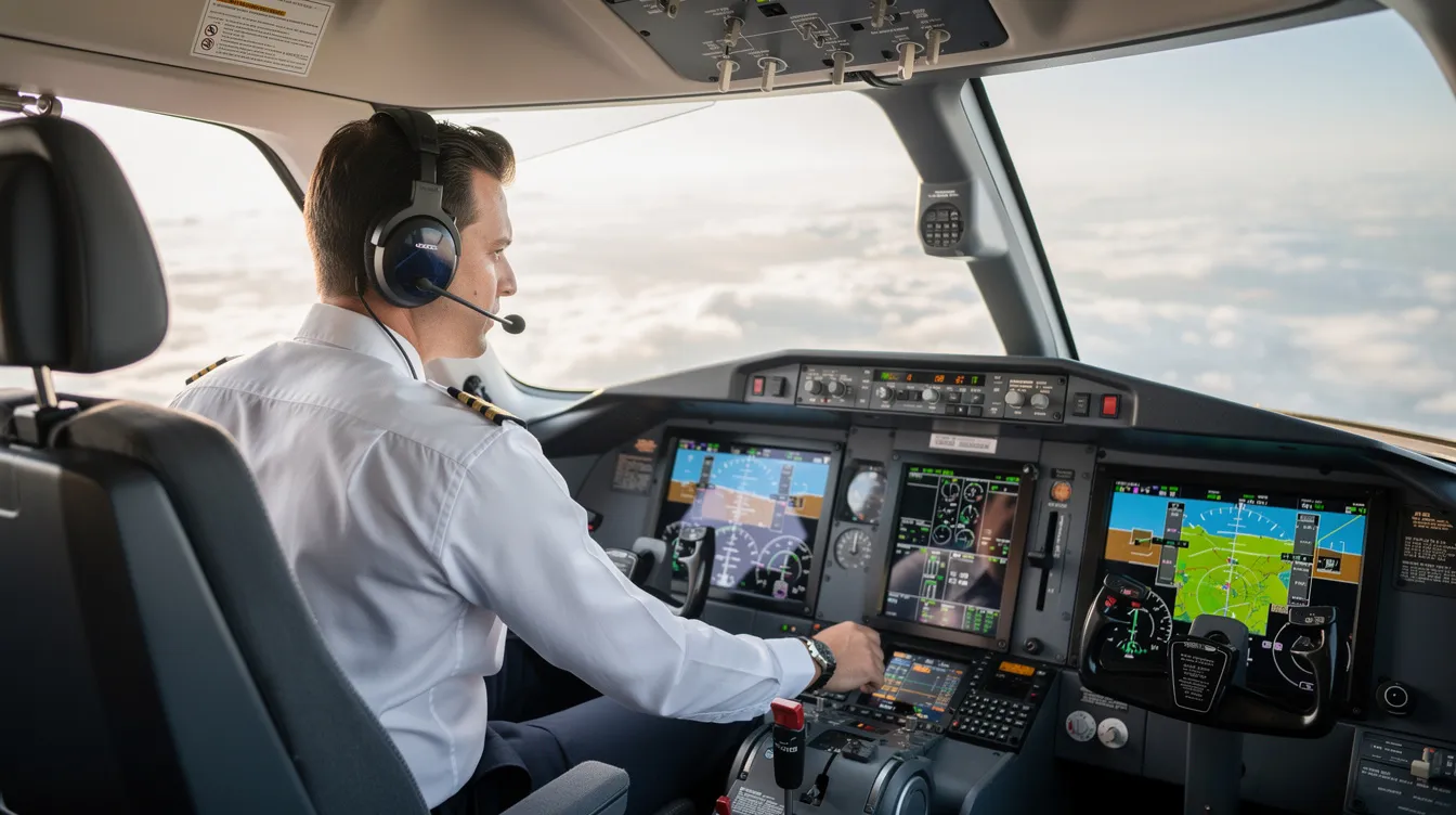 The image depicts the cockpit of a modern light jet, featuring advanced digital glass panels as a pilot reviews various flight instruments. This setting reflects the operational control and safety standards required under federal aviation regulations for charter flights and on-demand operations.