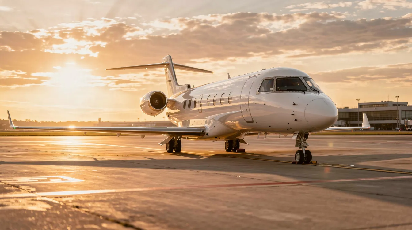 A sleek private jet is parked on a tarmac, silhouetted against a stunning golden sunset sky, showcasing the elegance of modern aircraft in the aviation industry. The scene captures the essence of private aviation, emphasizing the luxurious design and performance capabilities of jet aircraft.