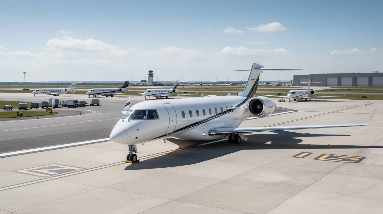 The image showcases a sleek private jet, a modern fixed-wing aircraft designed for civil aviation, featuring luxurious seating and advanced jet engines. This private jet represents the pinnacle of private aviation, offering comfort and efficiency for regional flights and business travel.