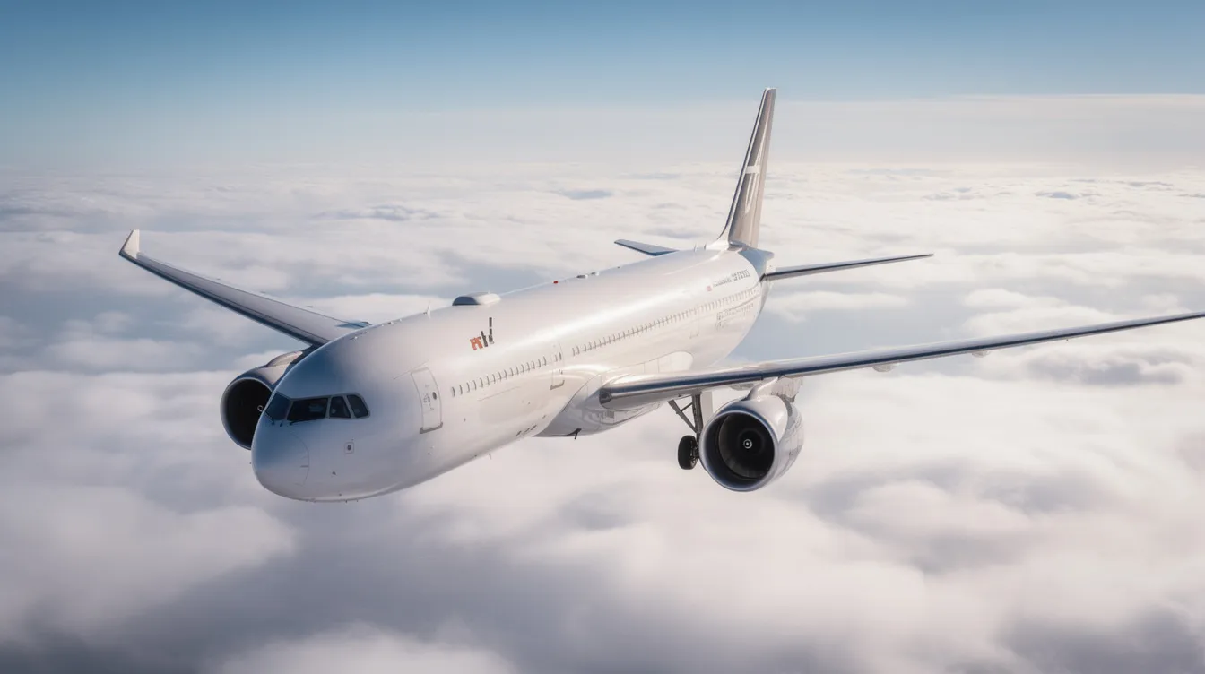 A large widebody commercial aircraft is soaring above a sea of fluffy white clouds during the daytime, representing the pinnacle of civil aviation and powered flight. This modern jet aircraft, designed for maximum takeoff weight and efficiency, showcases the advancements in the aviation industry.