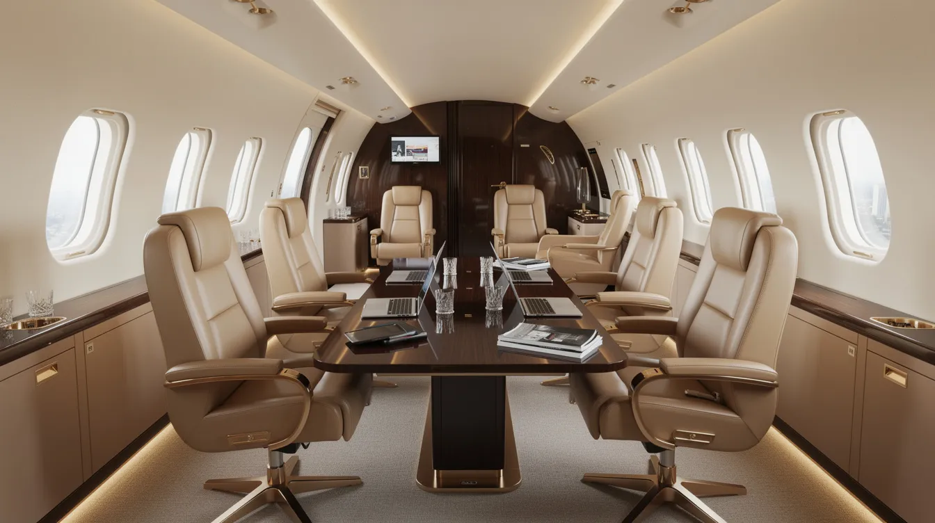 The image depicts a luxurious private jet interior, featuring plush leather seats arranged around a sleek conference table, designed for business meetings in flight. This elegant setting showcases the comfort and sophistication typical of modern private jets within the aviation industry.