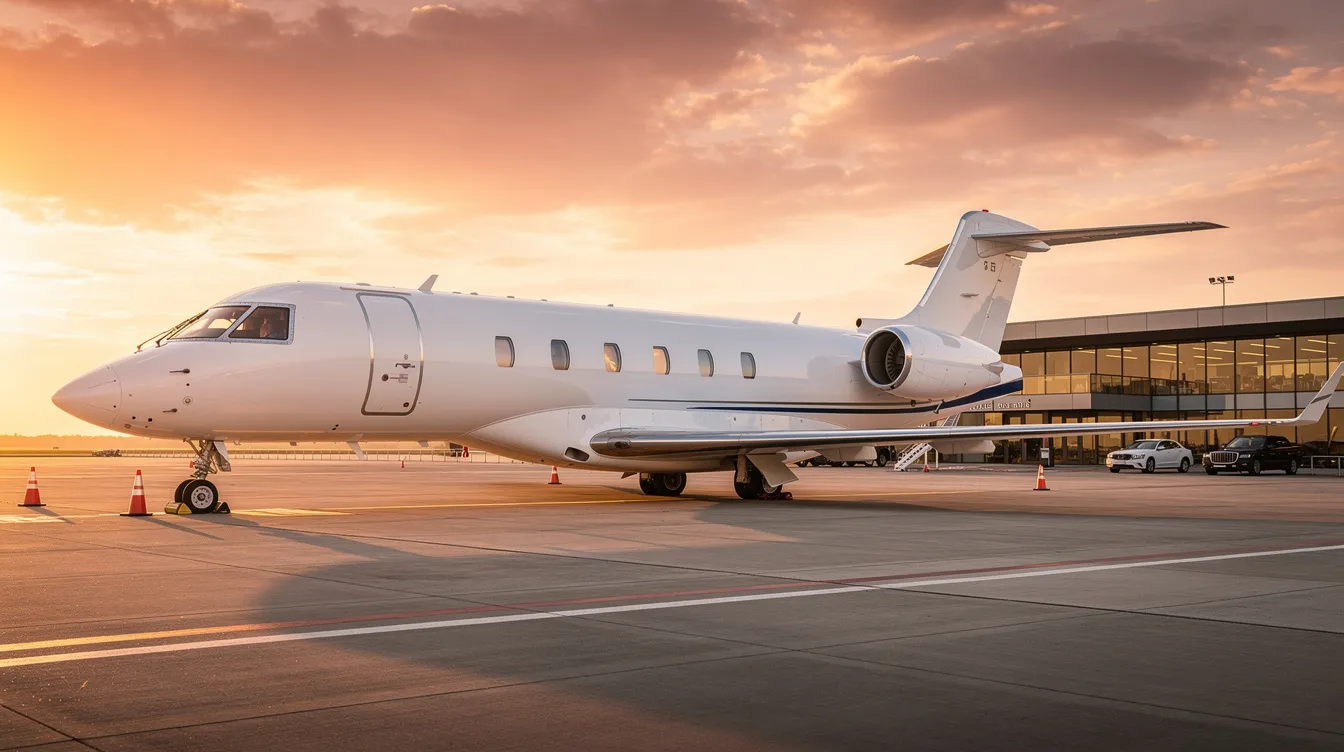 A private jet is parked quietly near an executive terminal, bathed in the warm hues of a sunset. The scene captures the elegance of private air travel, contrasting with the bustling world of commercial aircraft like the Airbus A380 and Boeing 747, emphasizing passenger comfort and exclusivity.