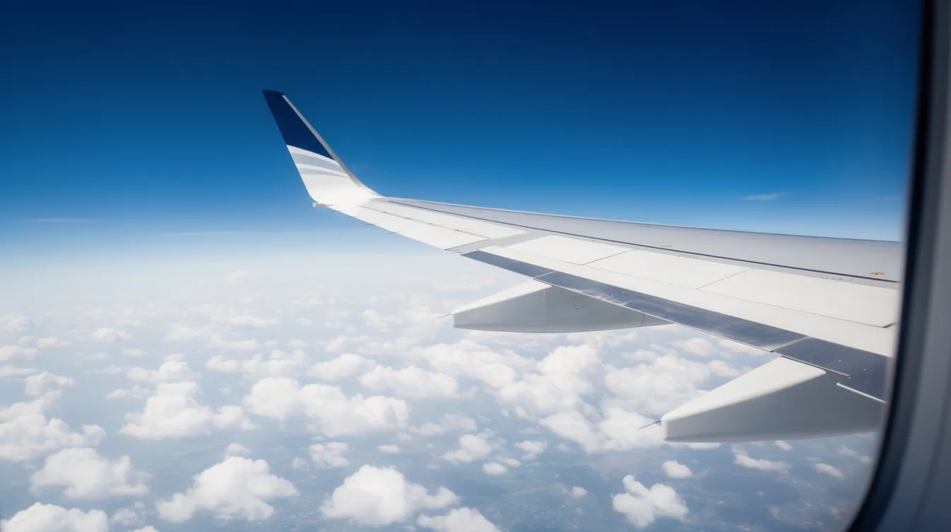 A modern private jet wing is soaring above a blanket of fluffy clouds in clear daylight, showcasing the sleek design and advanced technology of contemporary aircraft. The image captures the essence of flight, emphasizing the beauty and efficiency of modern aviation.