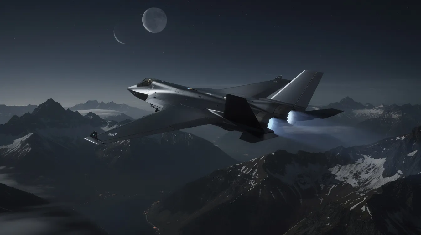 A modern stealth fighter aircraft, such as the Eurofighter Typhoon, is soaring above a dark mountain landscape, showcasing its sleek design and advanced stealth technologies. The jet is equipped for air superiority and capable of sustaining supersonic speeds, emphasizing its role as a multirole fighter in air to air combat.