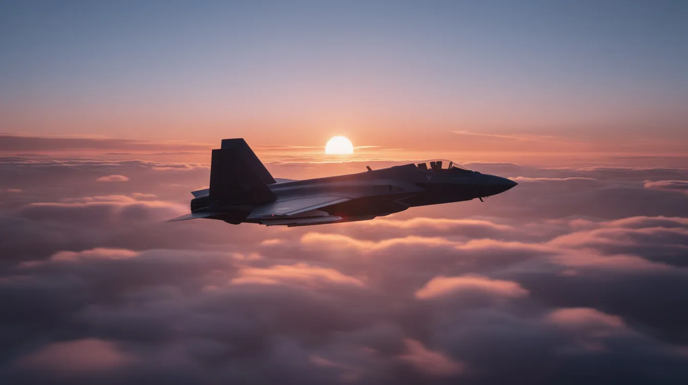 A sleek silhouette of a fighter jet is soaring above a sea of clouds during sunset, showcasing its aerodynamic design and powerful jet engines. This multirole fighter, possibly a Eurofighter Typhoon, embodies air superiority and advanced stealth technologies as it glides through the vibrant sky.