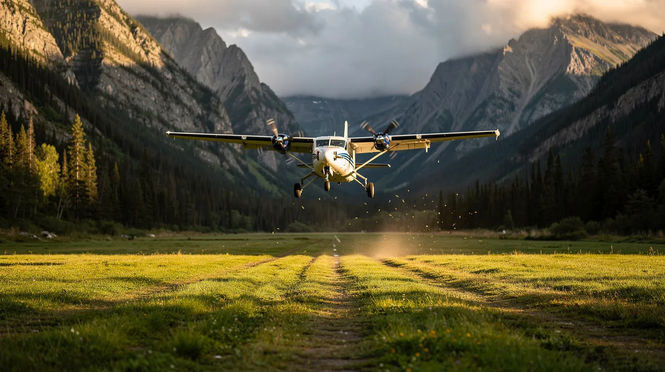 A small turboprop aircraft is landing on a remote grass airstrip, surrounded by towering mountains and dense forest. The image captures the propeller-driven aircraft as it approaches the unpaved runway, highlighting its sleek design and the natural beauty of the rugged landscape.