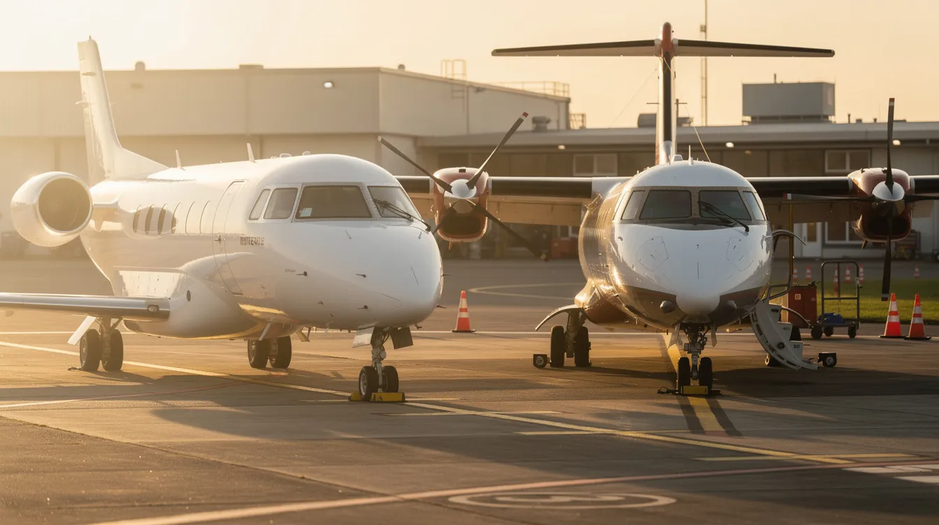 The image shows a private jet and a modern turboprop aircraft parked side by side on a small regional airport tarmac, highlighting the contrast between the sleek design of the jet and the propeller-driven turboprop, which features a propeller system and is ideal for short haul aviation. The scene captures the essence of regional travel, showcasing aircraft that serve lower passenger demand routes efficiently.