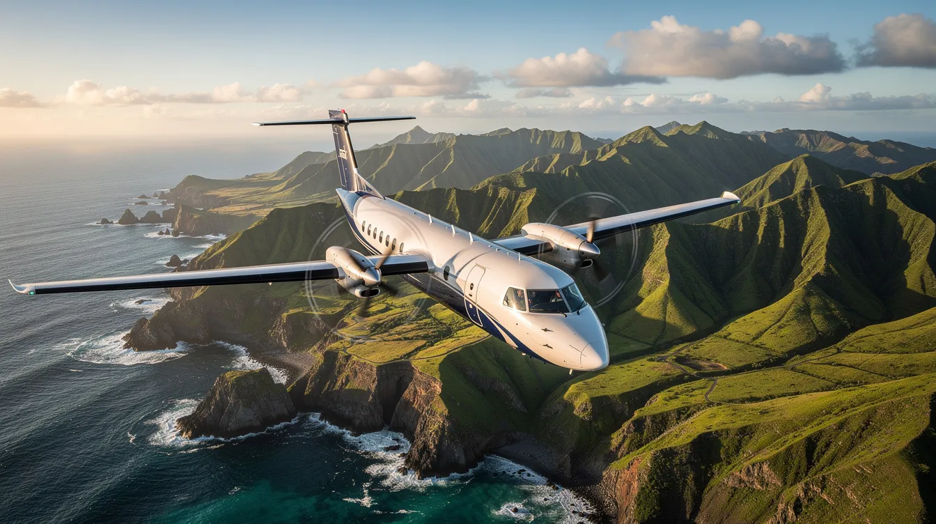 A sleek turboprop aircraft is flying low over a rugged coastal landscape, showcasing vibrant blue water and lush green hills below. The modern turboprop technology allows for efficient travel across regional routes, making it ideal for accessing remote airports.