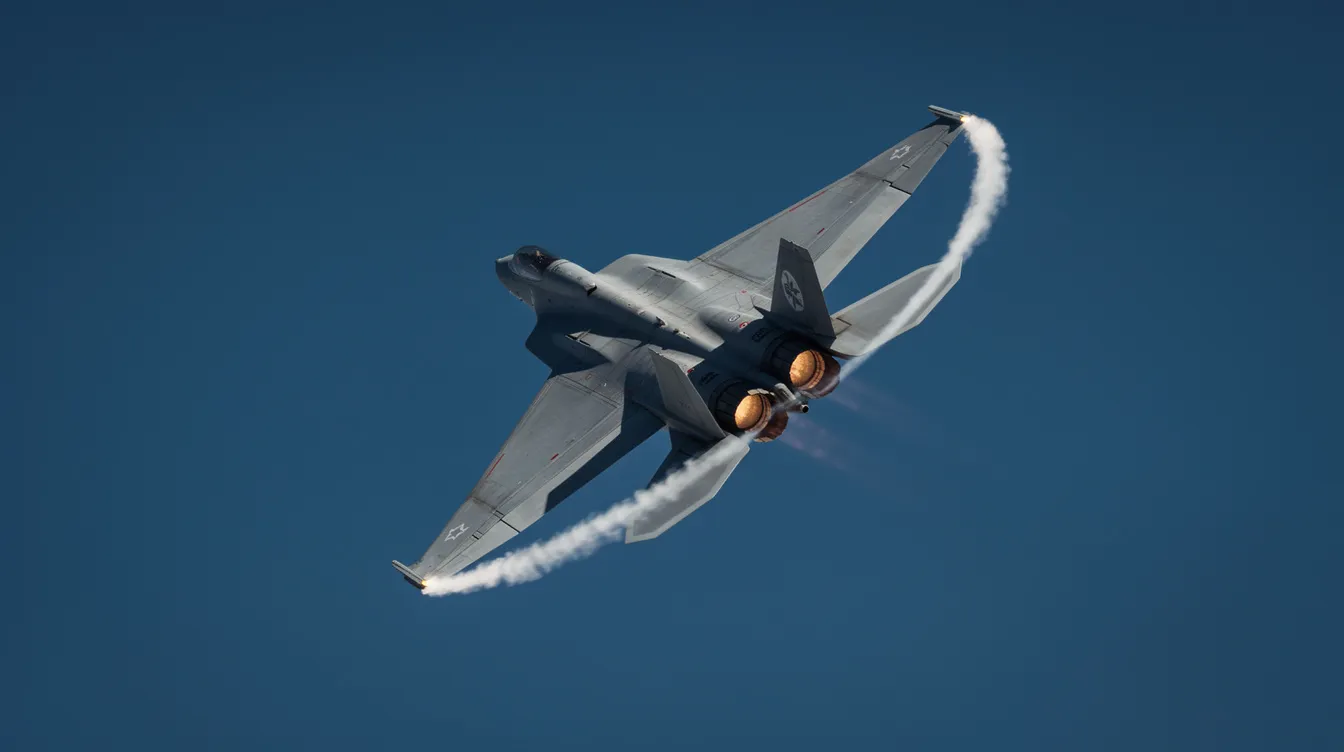 A military fighter jet, resembling a sleek and powerful aircraft, is banking sharply against a clear blue sky, leaving behind distinct vapor trails. This impressive display showcases the capabilities of modern aviation, highlighting the jet's agility and speed in flight.
