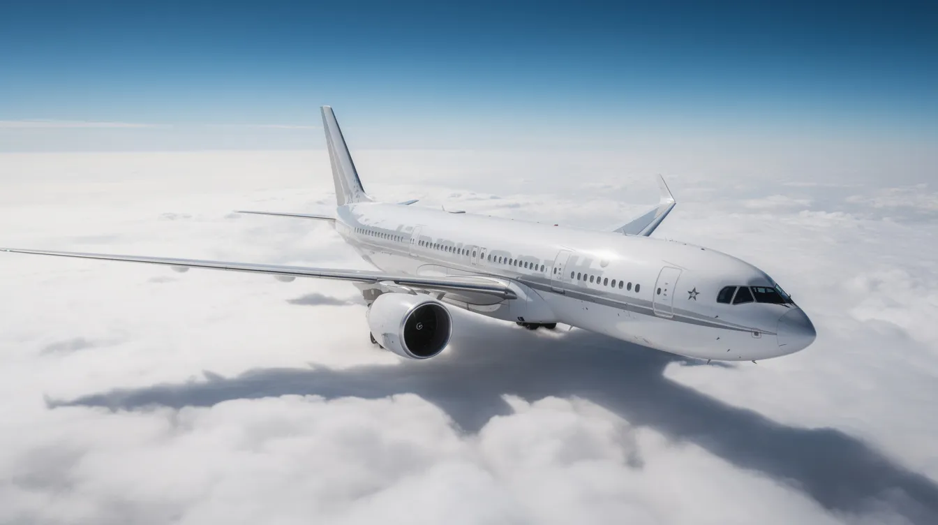 A large wide-body commercial airliner, resembling a jumbo jet, is cruising gracefully above a thick layer of white clouds in the clear blue skies. This aircraft, equipped with two engines, showcases the advancements in aviation history and flight capabilities.