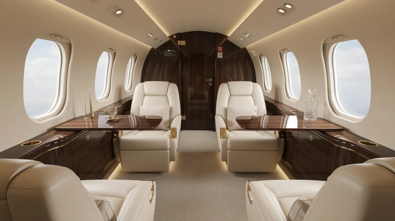 The image depicts the interior of a luxury private jet cabin, featuring wide leather seats, polished wood finishes, and soft ambient lighting, creating an elegant and comfortable atmosphere for flying. This luxurious space reflects the high standards of aviation design and comfort, suitable for discerning travelers.