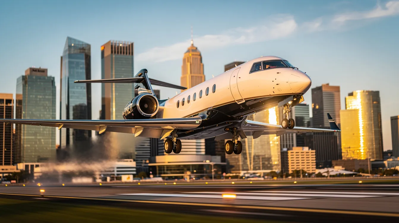 A sleek modern business jet with two engines is lifting off from a runway, soaring into the skies above a bustling cityscape. The aircraft, a symbol of contemporary aviation, showcases the power and capabilities of modern flight as it embarks on its journey.