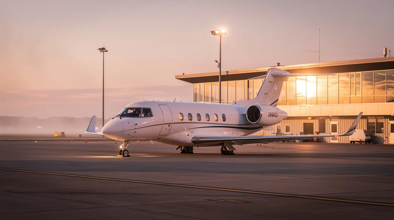 A private jet is parked near a quiet terminal, bathed in the warm light of sunrise, showcasing sleek lines typical of modern aircraft design. The tranquil setting suggests a peaceful start to a day of travel for passengers.