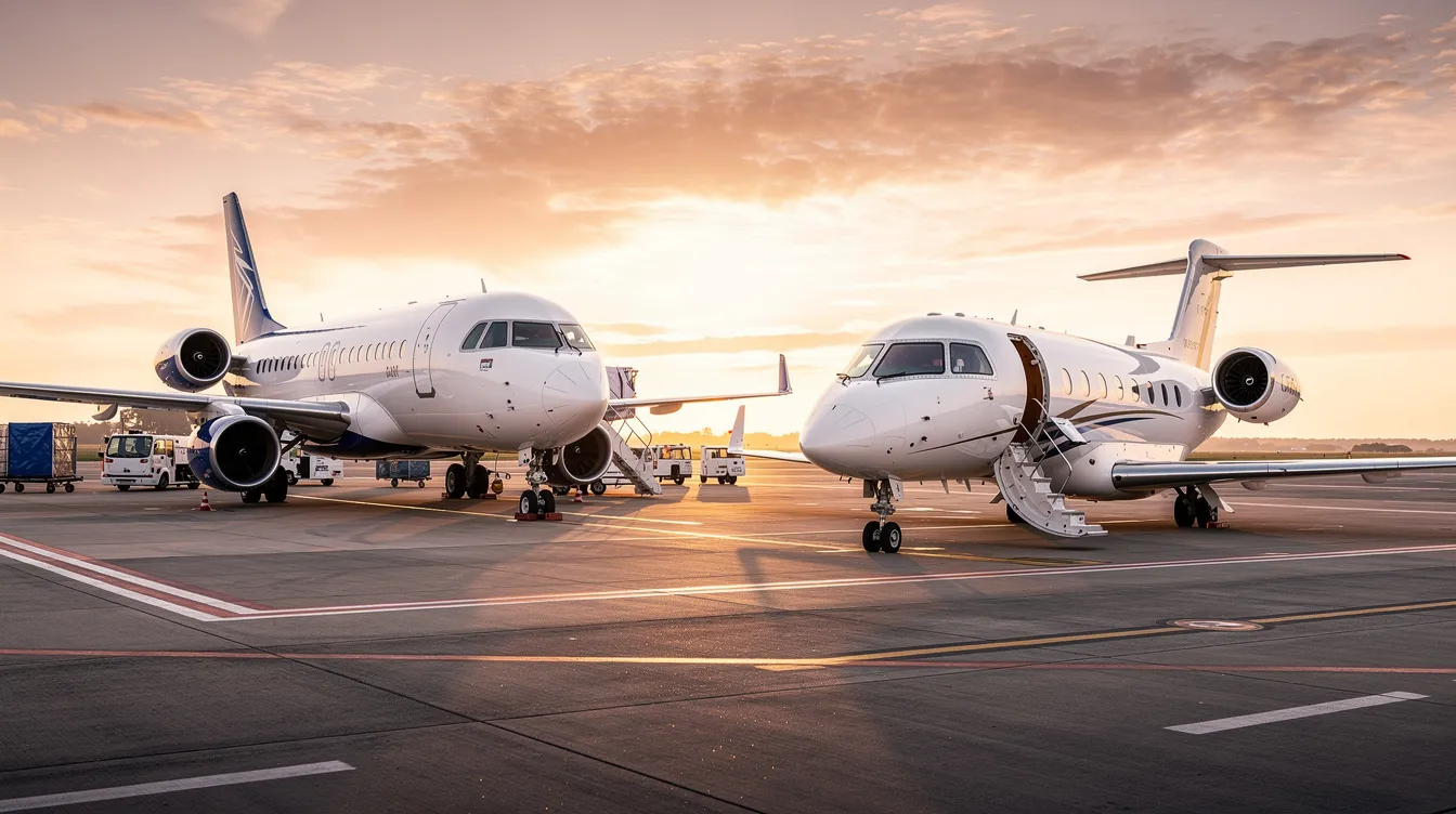 The image features a commercial aircraft, specifically a Boeing or Airbus model, alongside a sleek private jet, showcasing the contrast between large-scale airline service, such as Delta Air Lines or American Airlines, and luxury private flying. Both types of airplanes are positioned on an airport runway, highlighting their roles in transporting millions of passengers around the world.