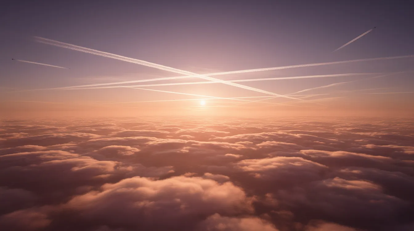 The image depicts a stunning view from above the clouds at sunset, showcasing a vibrant sky filled with multiple contrails from commercial aircraft, illustrating the busy air traffic of narrowbody jets and airliners. This scene highlights the global aviation network, where countless planes operate daily, connecting passengers and cargo across continents.