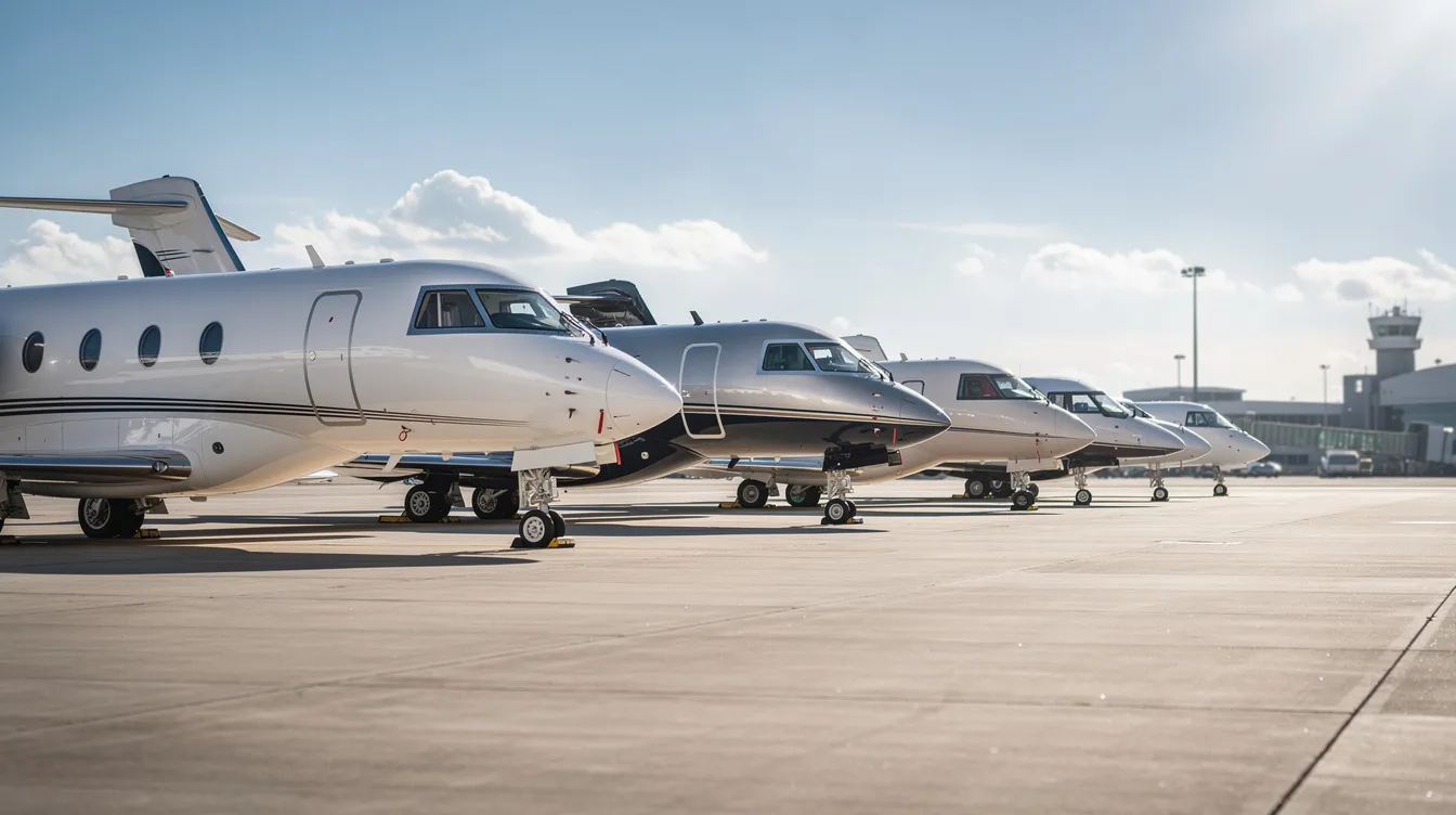 A row of modern private jets of varying sizes is parked on a sunlit tarmac, showcasing the diversity of aircraft in the aviation industry. These planes, designed for efficiency and comfort, represent a segment of the global fleet that caters to both business and leisure travel.