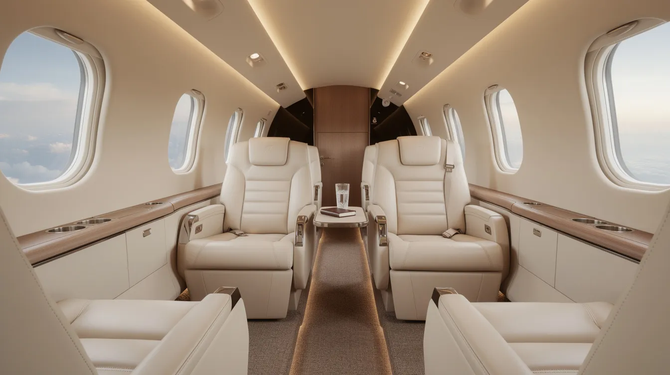 The image depicts the interior of a modern private jet cabin, featuring plush cream leather seats and soft ambient lighting that creates a luxurious atmosphere for passengers. This sleek design reflects the high standards of aviation comfort and efficiency found in contemporary aircraft.