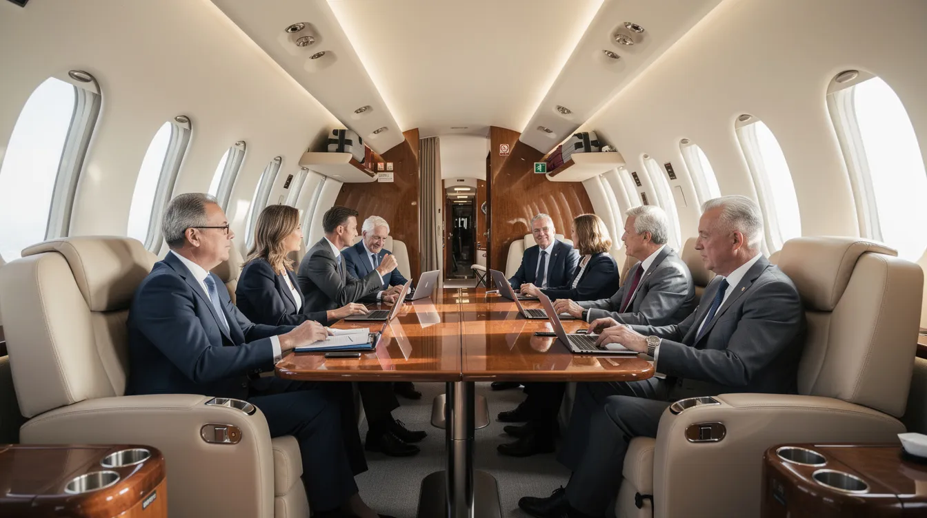 Inside a spacious private jet cabin, executives are seated comfortably in luxurious leather chairs, enjoying the bright and modern interior. This setting exemplifies the elegance of the Cessna Citation family, showcasing key features that cater to business travelers.
