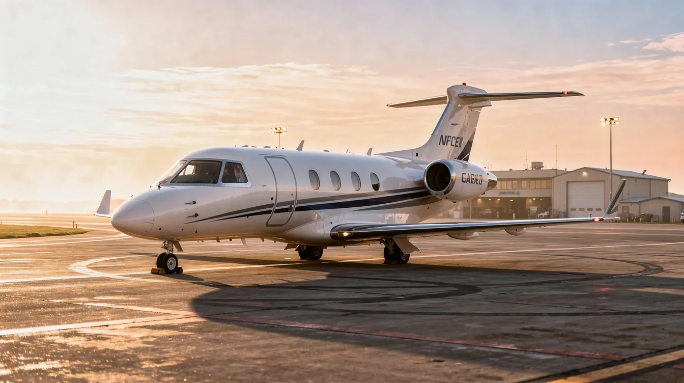 A small twin-engine Cessna Citation jet is parked on the tarmac of a regional airport at sunrise, casting a warm glow on its sleek design. The aircraft is prepared for flight, highlighting its role in business jets and single pilot operations.