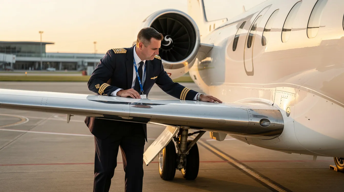A professional pilot is conducting a pre-flight inspection on the wing and engine of a light jet, specifically a Cessna Citation. The pilot meticulously verifies the aircraft's components to ensure security and safety before takeoff.