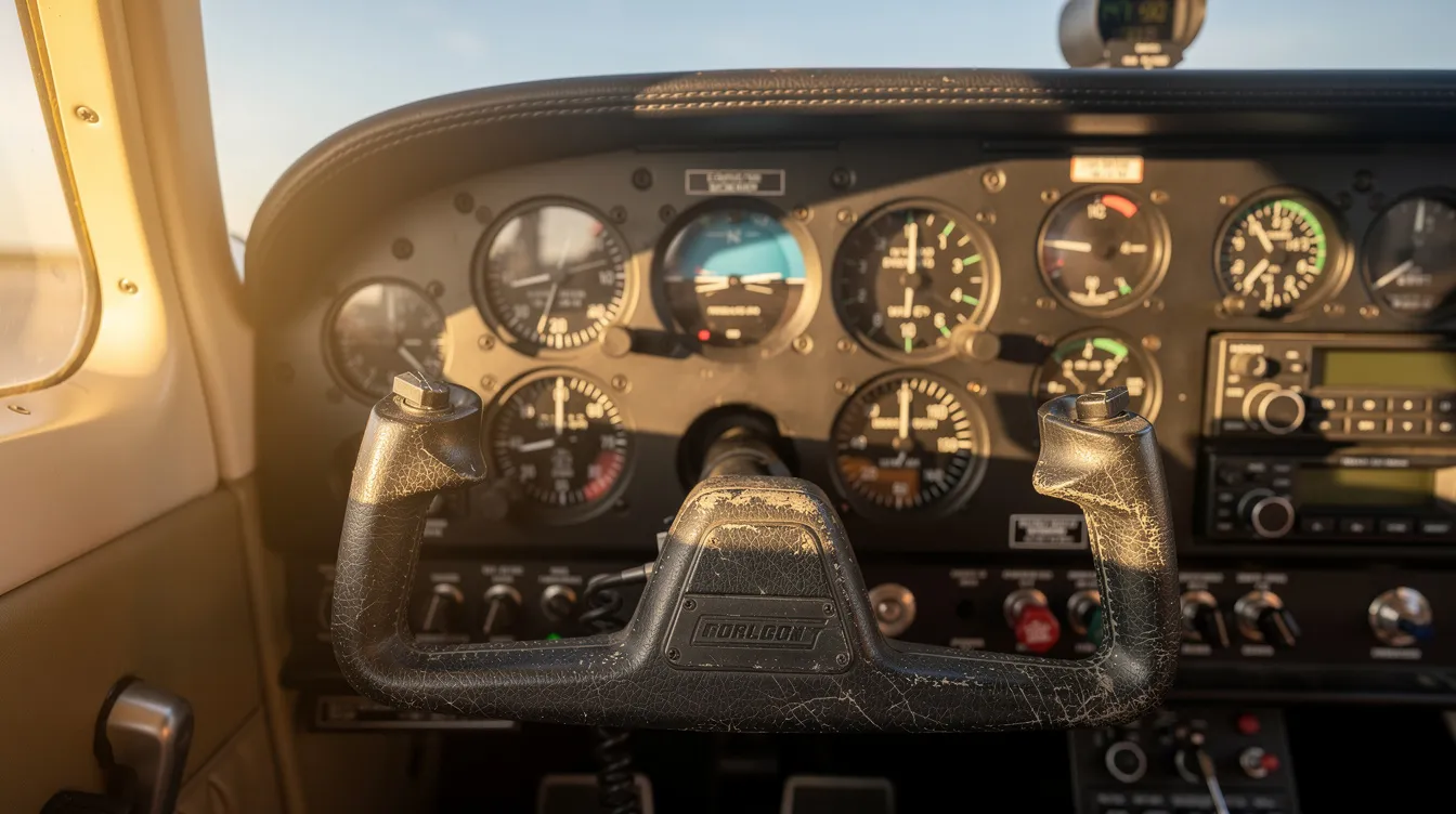 The image shows a close-up view of a small aircraft's instrument panel featuring analog gauges and a yoke, illuminated by sunlight in a cockpit. This setup is typical for light aircraft like the Cessna 150 and Cessna 152, often used in flight training for student pilots.