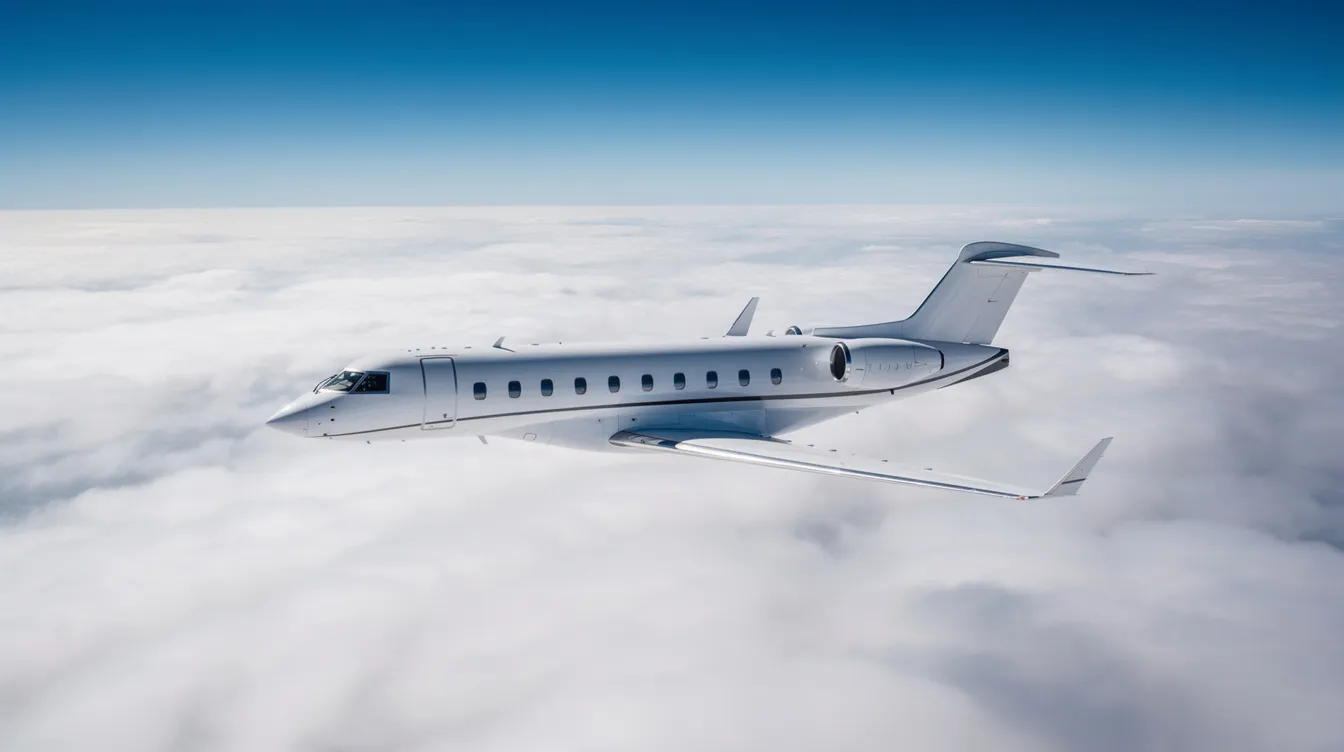 A sleek modern white private jet soars above a layer of clouds, with a bright blue sky in the background, showcasing the elegance and performance of light aircraft. This image captures the essence of private flying, ideal for personal use and flight training.