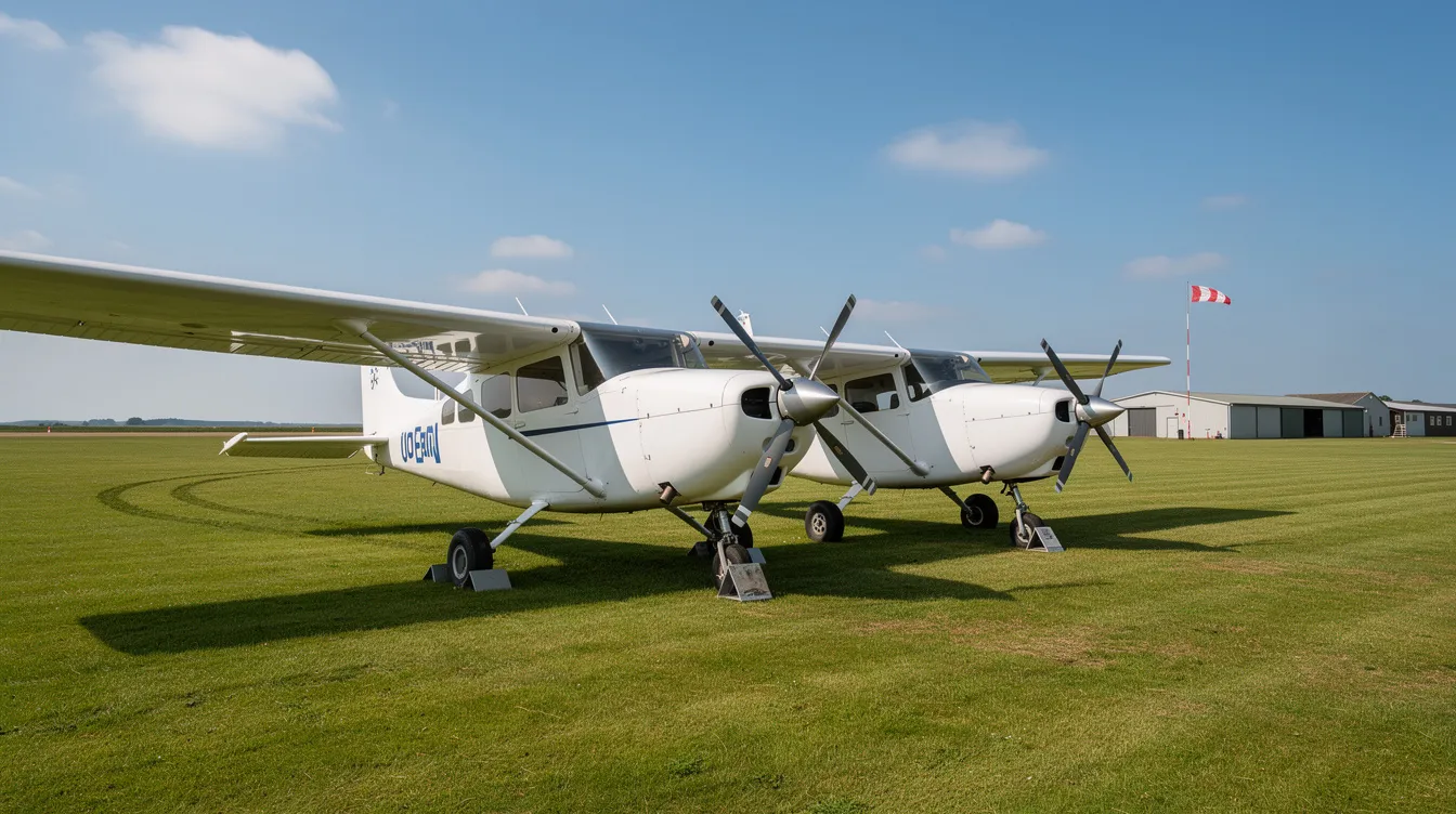 Two small white high-wing training aircraft, a Cessna 150 and a Cessna 152, are parked side by side on a grassy airfield under a clear blue sky, showcasing their reliable engines and light wing loading, ideal for student pilots in flight training. The scene highlights these fun little airplanes, designed for personal use and equipped with modern avionics for effective training.