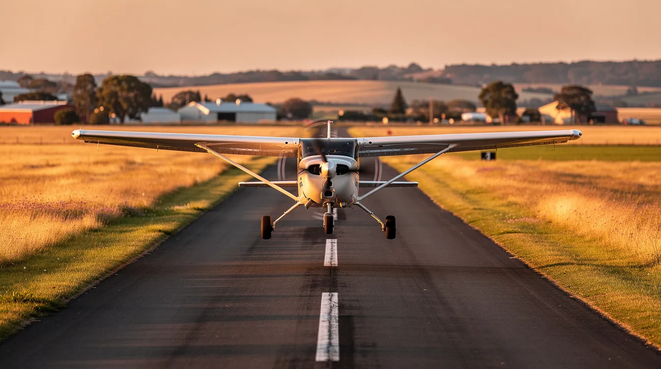 A small white Cessna training aircraft, likely a Cessna 150 or 152, is on short final approach to a rural grass strip, bathed in the warm golden light of sunset. This fun little airplane is well-suited for flight training, providing student pilots with a reliable engine and manageable performance characteristics.
