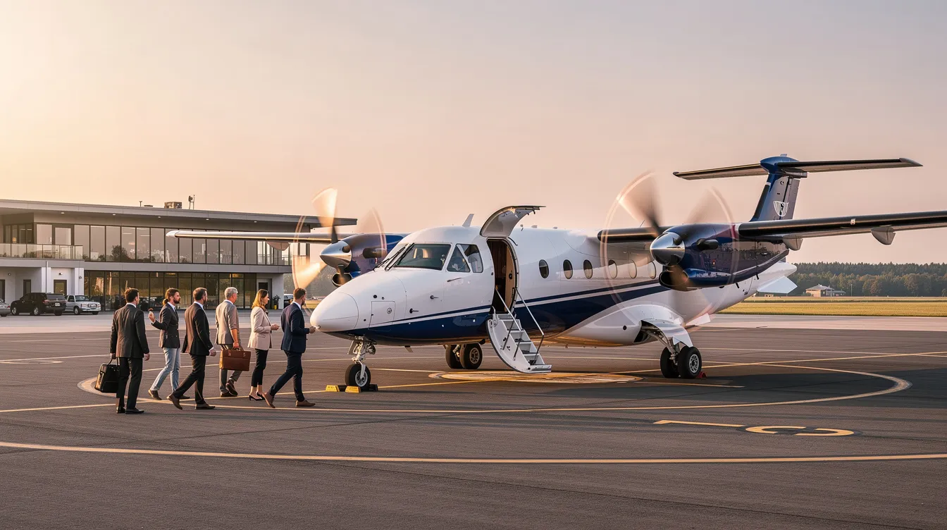Passengers boarding a Cessna 208 turboprop at a quiet private airfield, ready for a flight accommodating up to nine passengers. Known for rugged versatility, the aircraft supports air ambulance and cargo missions with large windows and adaptable interiors.