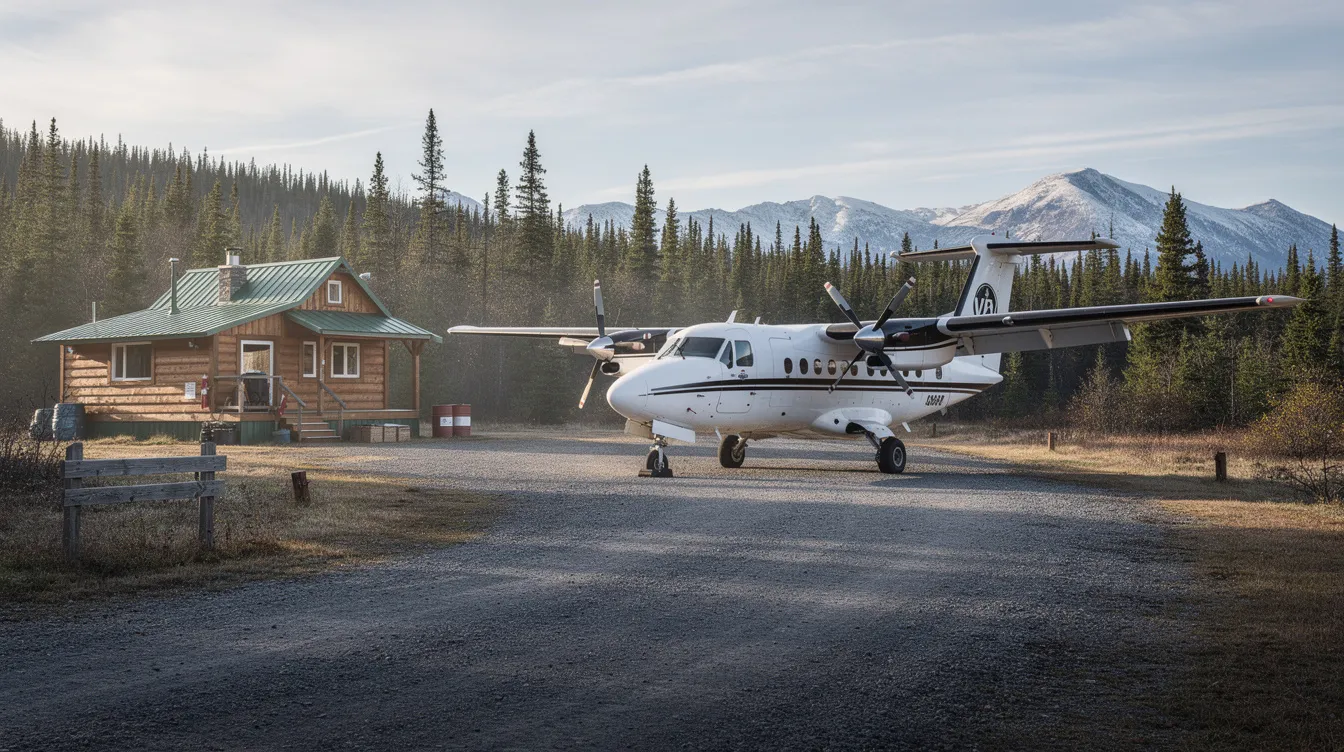 A Cessna 208 Grand Caravan parked near a remote lodge runway, highlighting its rugged utility and adaptability for cargo and air ambulance missions. Its large windows and capacity for up to nine passengers or cargo make it perfect for diverse operations in remote locations.