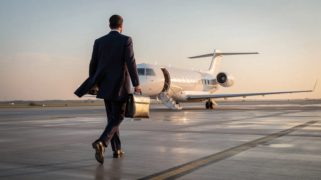 An executive traveler confidently walks toward a sleek private aircraft on a calm runway, symbolizing luxury and efficiency in air travel. This fuel-efficient business jet, designed for optimal fuel economy, showcases advanced engines that reduce fuel consumption while offering impressive range and speed for international routes.