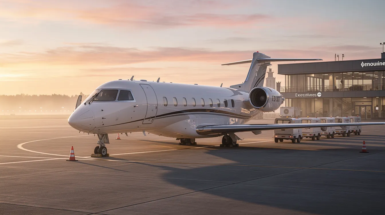 A private aircraft, designed for fuel efficiency, is parked near a quiet executive terminal as the sun rises, casting a warm glow over the scene. This business jet exemplifies advanced engines that reduce fuel consumption while offering a comfortable travel experience.