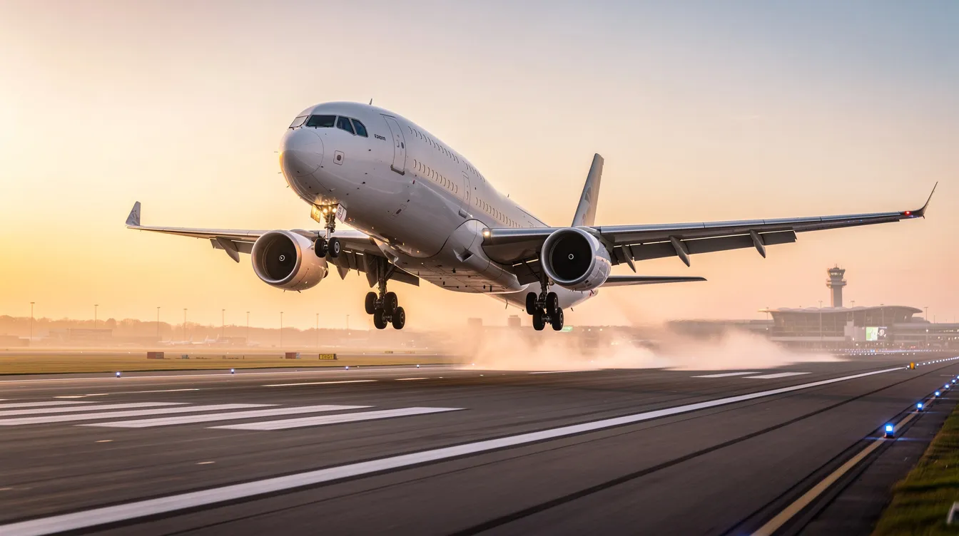 A large double-deck airliner, resembling the Airbus A380, is taking off from a runway bathed in soft evening light, showcasing its impressive size as it ascends into the sky. This iconic widebody passenger aircraft represents a significant achievement in commercial aviation, often celebrated for its passenger comfort and engineering marvel.